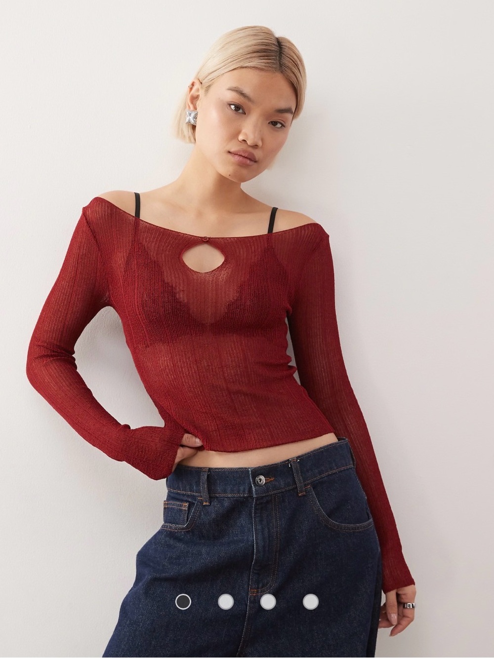 Sheer Keyhole Long-Sleeve Top - Deep Red